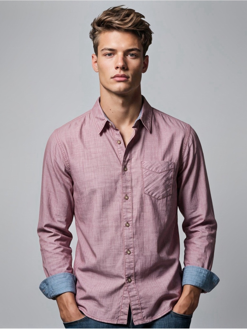 1901 Nordstrom Men's Pink Chambray Long Sleeve Button Down Shirt - Size Medium